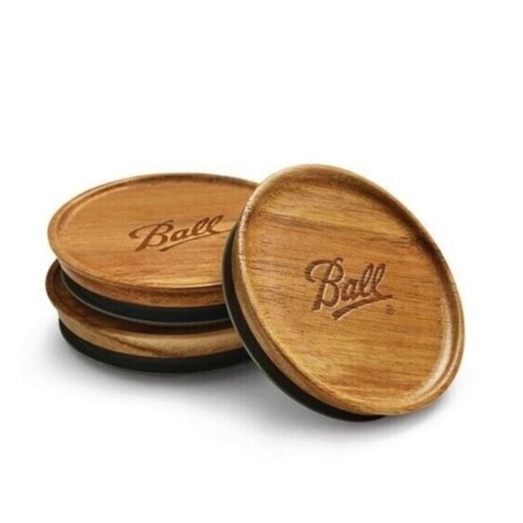 Ball Mason Jar Wood Lids 3-pc Wide Mouth Dry Food Storage Airtight Embossed NEW - Picture 1 of 4